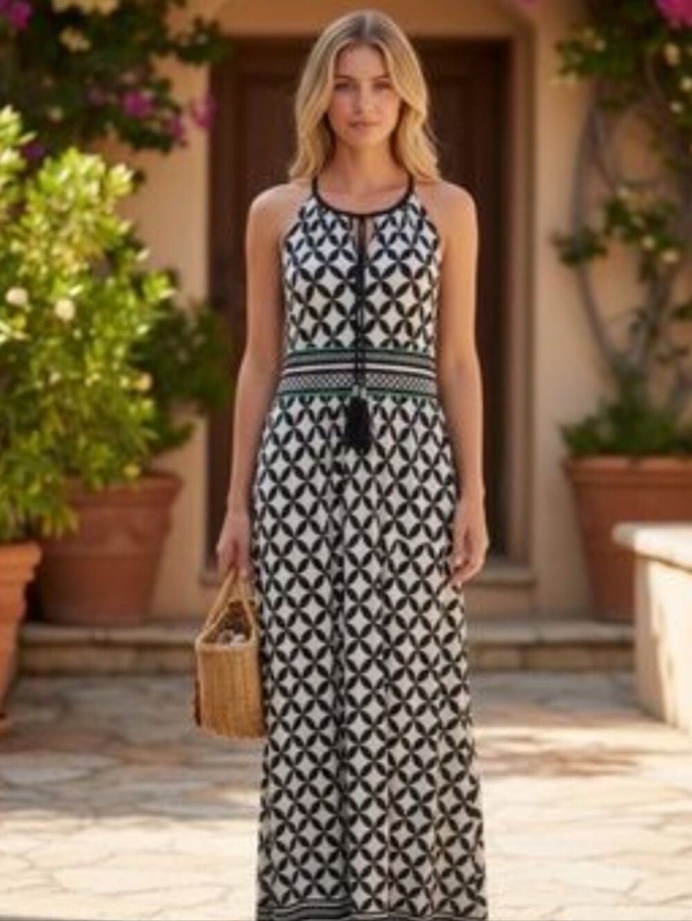 Sandra Darren Geometric Halter Maxi Dress Tassels Stretchy - 16 EUC XL